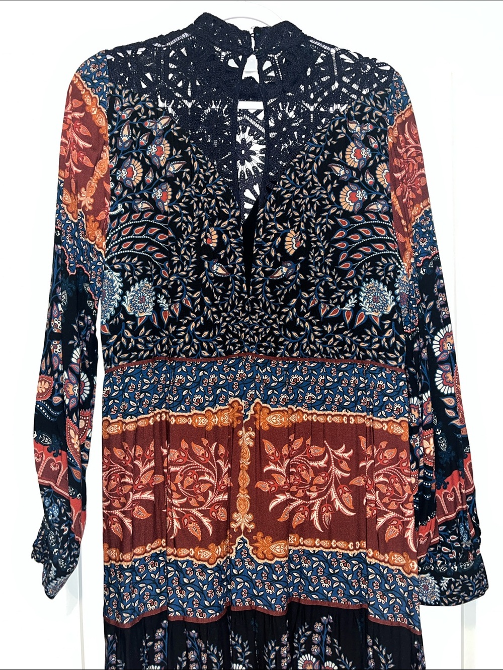 Lace-Yoke Boho Patchwork Tunic Dress in Black & Rust size Large - Picture 3 of 8